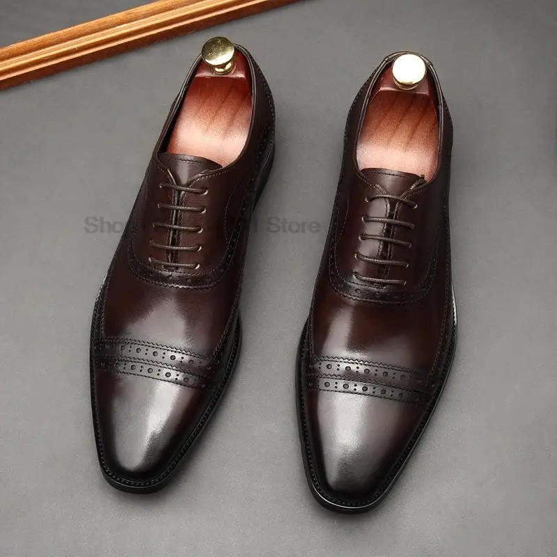 HNXC Italian Brown Black Genuine Leather Oxford Dress Shoes High Quality Lace Up Suit Shoes Cap Toe Wedding Formal Men‘s Shoes