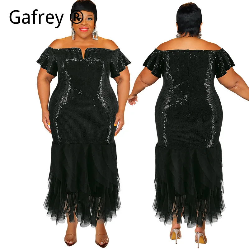 Plus Size XXXL 5XL Evening Dress Women Off Shoulder Sequin Mesh Patchwork Maxi Dress Sparkly Long Formal Party Gown Glamorous