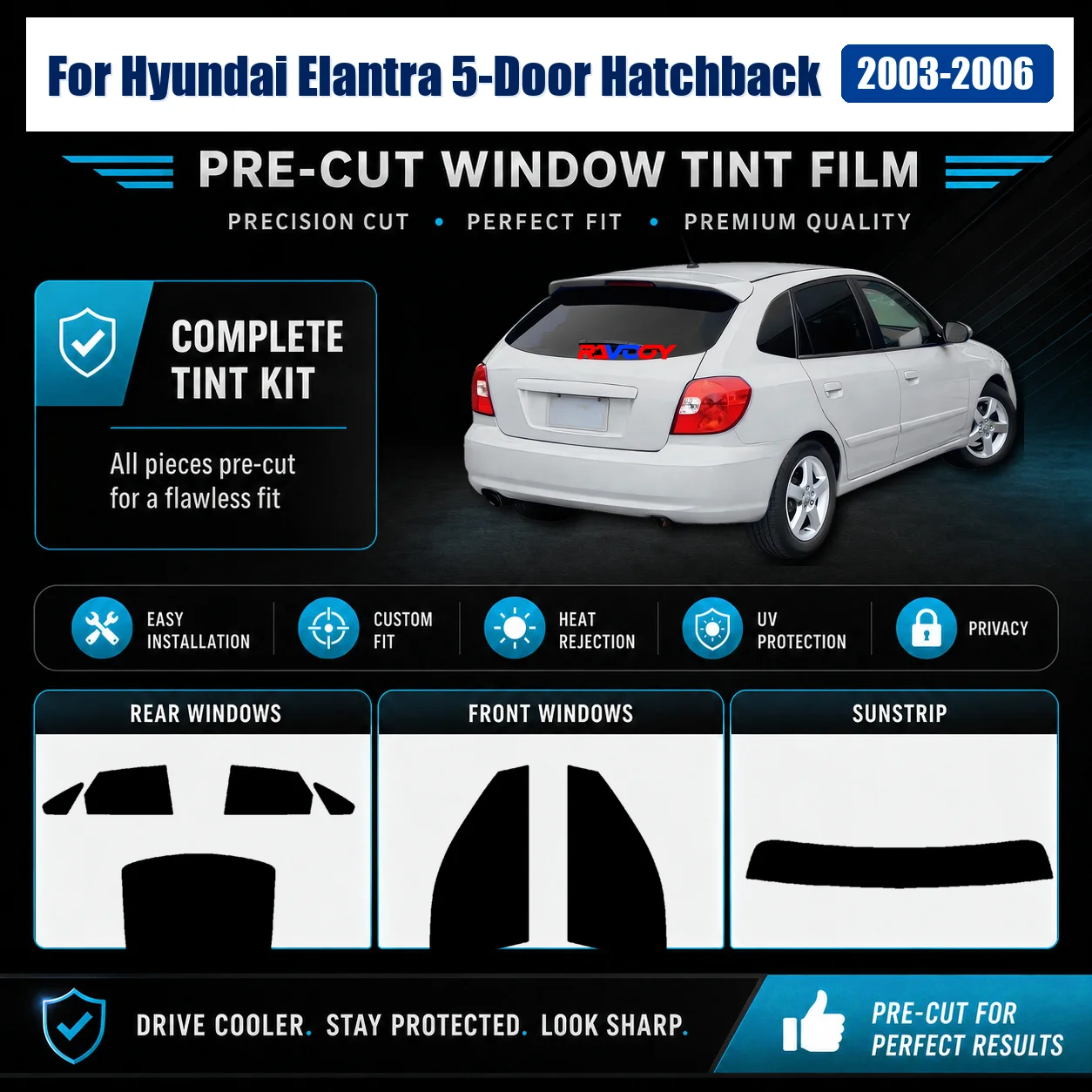 For Hyundai Elantra 5-Door Hatchback 2003-2006 Pro-Grade Complete Window Sun Shade Film Removable Reusable Film