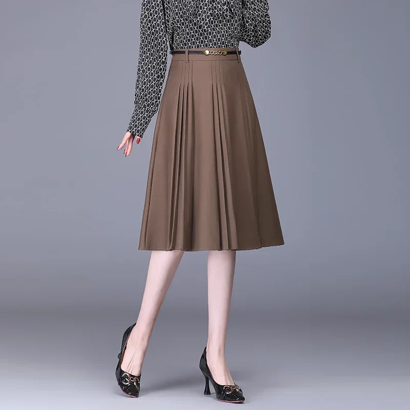 

2024 Women Solid A-Line Pleated Skirt Spring Autumn High Waist Mid-Length Fashion Skirt Work Wear Skirt Black Khaki P299