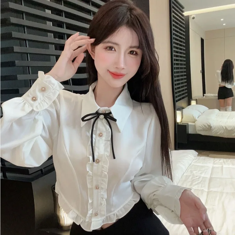 Set Blus Pinggang Tinggi Warna Putih Manis dan Pedas dengan Rok Lipit untuk Wanita, Ensemble Musim Gugur