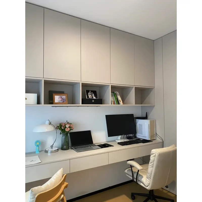 Two-tone integrated study table and bookcase wall-mounted combination, simple full-wall office locker with open bookshelf