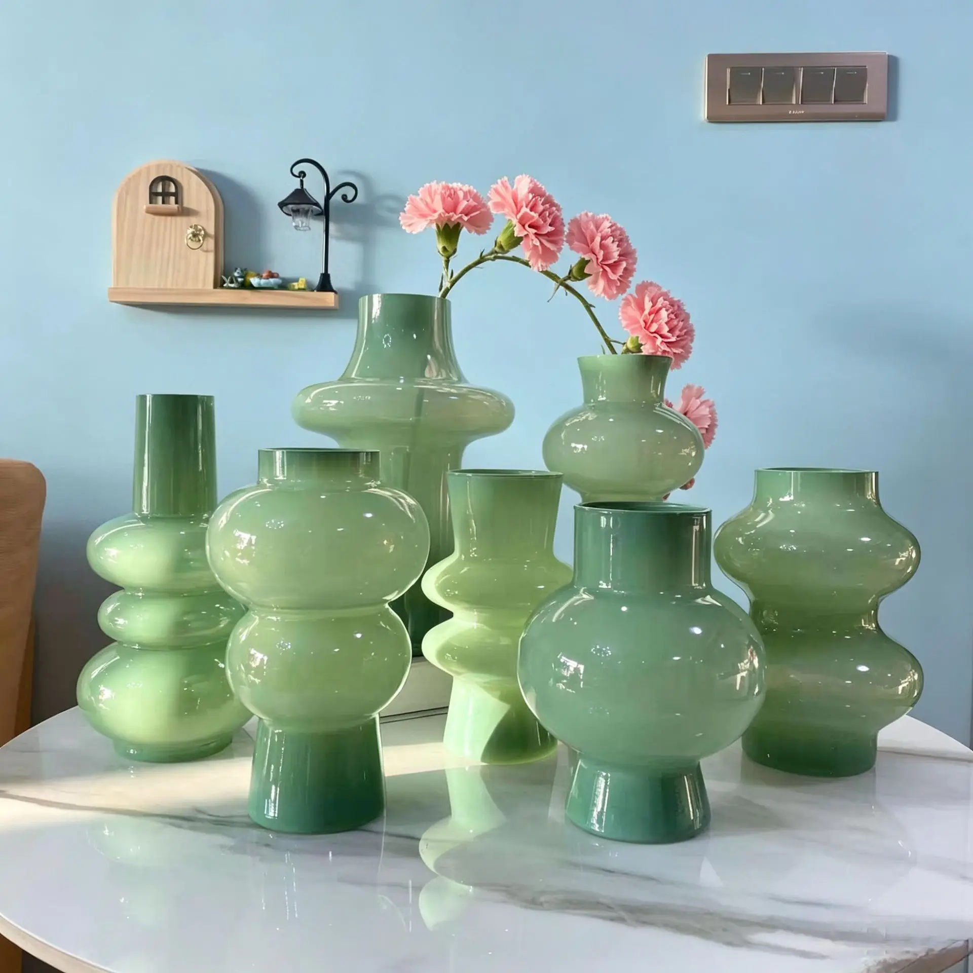 Light Luxury Art Porcelain Green Glass Vase Living Room Coffee Table High-end Water Raising Flower Arrangement Device