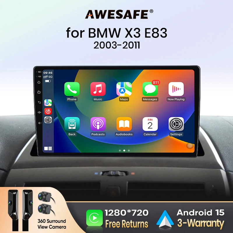 AWESAFE CarPlay sans fil Android Auto pour BMW X3 E83 2003-2011 Autoradio Lecteur multimédia Stéréo Wi-Fi Navigation GPS 2 Din Autoradio Systèmes intelligents pour voiture 1280*720 IPS Unité principale FM RDS DSP SWC BT Plug and Play ISO