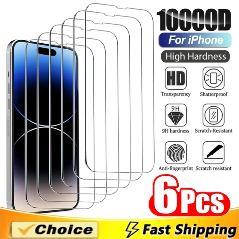 6Pcs Tempered Glass For iPhone 11 13 12 14 15 Pro Max Mini Screen Protectors For iPhone 7 8 Plus XS MAX X XR SE Protective Glass