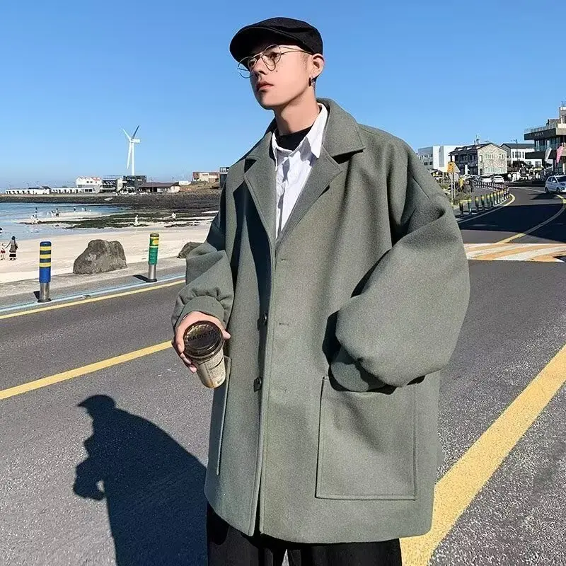 

Autumn Winter Thiened Men's Woolen Coat ey Korean Sle Hooded Windbreaker Large Size 250 Pou Men's Faion Outerwear