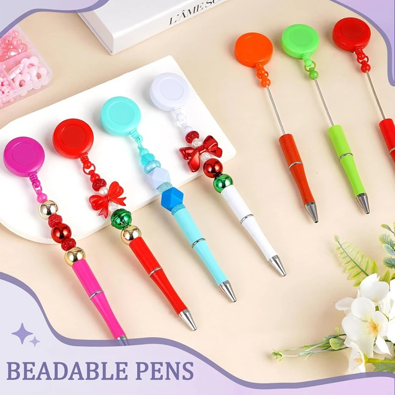 10Pcs Bead Pens, Retractable Badge Scroll Clip Pull-On Ballpoint Pen DIY Pen For Nurses Teachers Students Staff