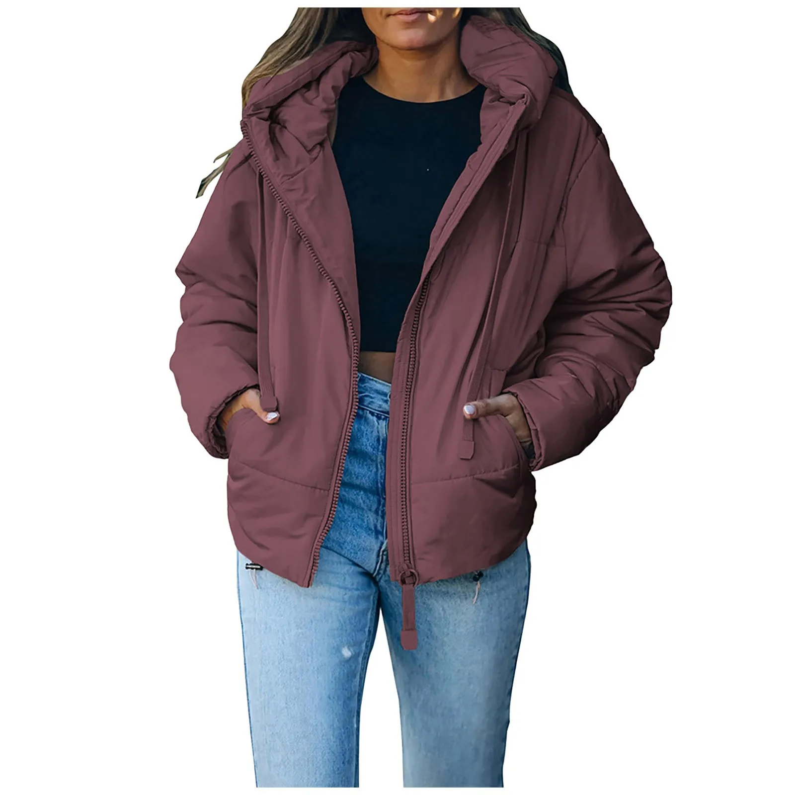 Women's Casual Jacket Coat Full Zipper Hooded Jacket Warm Soft Drawstring Womens Puffy Jackets Women Coats And Jackets