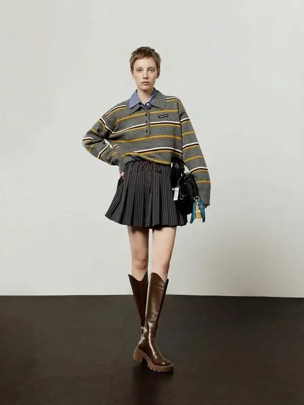 

ay Knitted Collar Sweater Women's Casual Sle Color Blo Spring New Arrival Loose Fit Long Sve Stripe Pattern