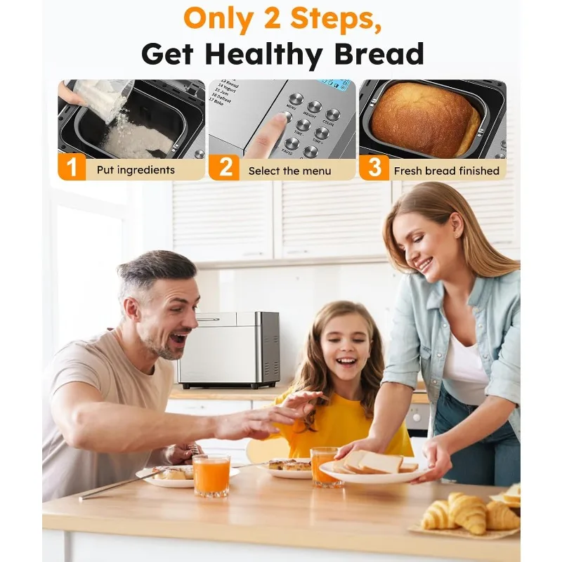 2LB Bread Maker Machine, 17 In 1 Automatic Stainless Steel Bread Machine, Non-stick, Beginner-Friendly Controls, 15 Hour Timer