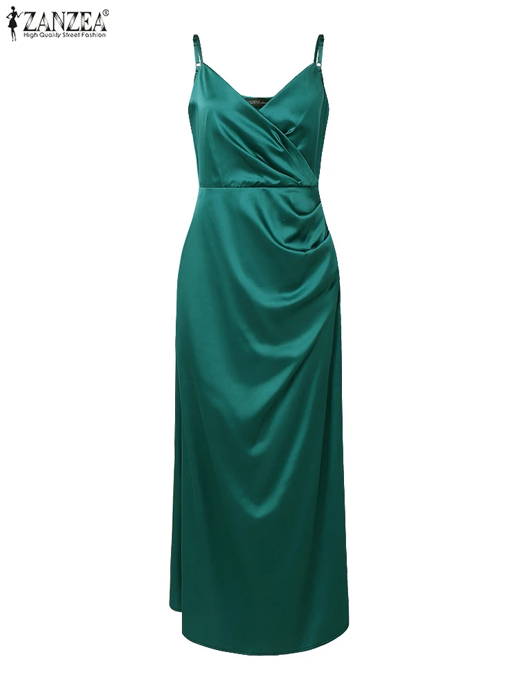 ZANZEA 2025 Vestito da festa da donna con cinturino per spaghetti Vestito estivo lungo estivo Elegante scollo a V in raso Split Maxi Abiti Abito solido