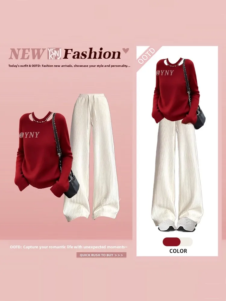 

Women's round Ne Knitwear Casual Pants Two-Piece Set Winter Slimming Faionable High Waist Striped Long Pants Ensemble