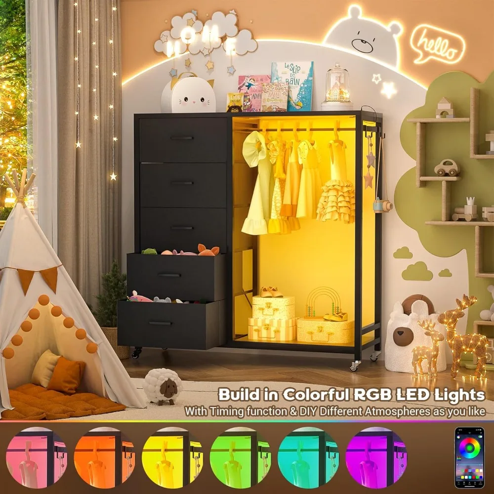 خزانة ذات 5 أدراج مع محطة شحن، وأضواء LED، وأدراج قماشية، وعجلات قابلة للقفل لتخزين غرفة النوم #4