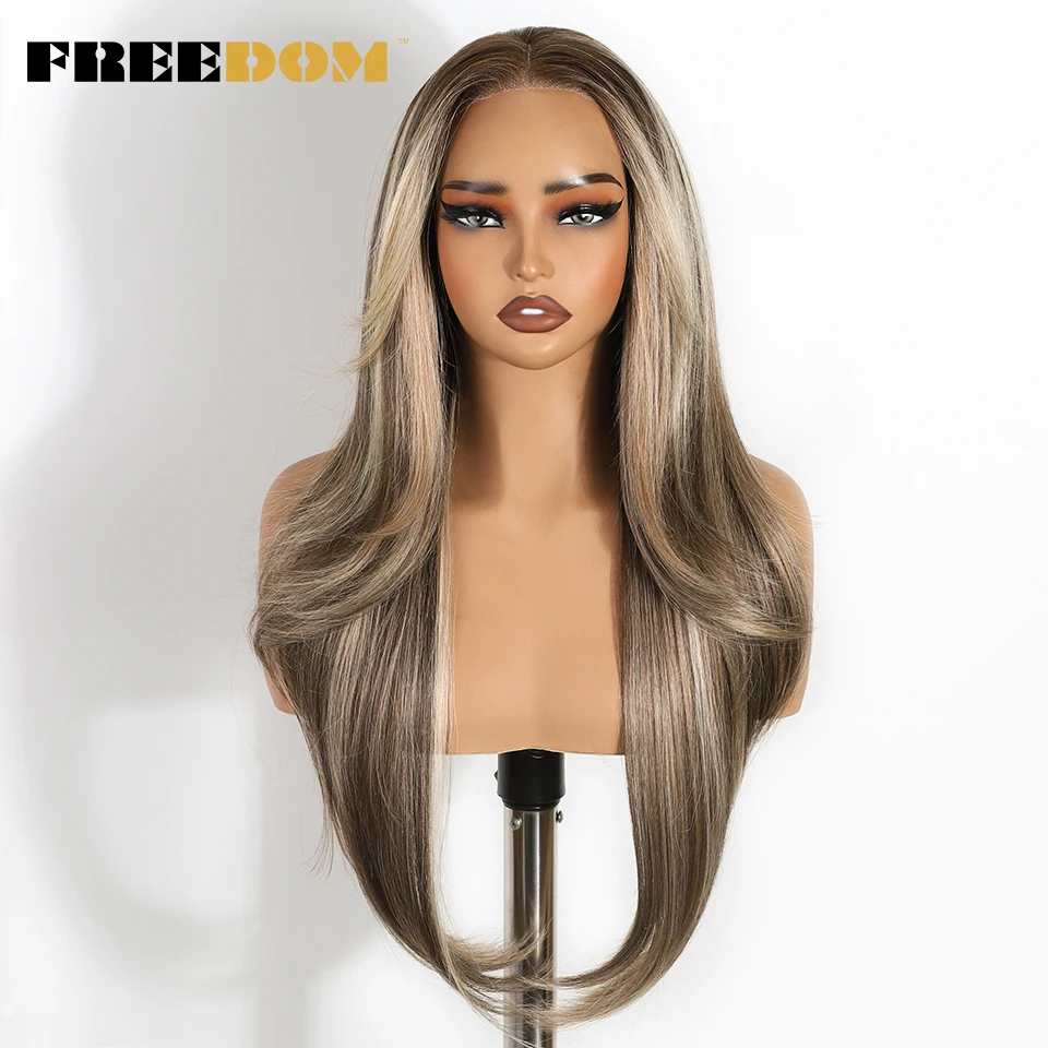 FREEDOM Synthetic Lace Front Wigs For Women 6X4 Straight Layered Pre Plucked Wig Ombre Blonde White Wear And Go Glueless Wigs
