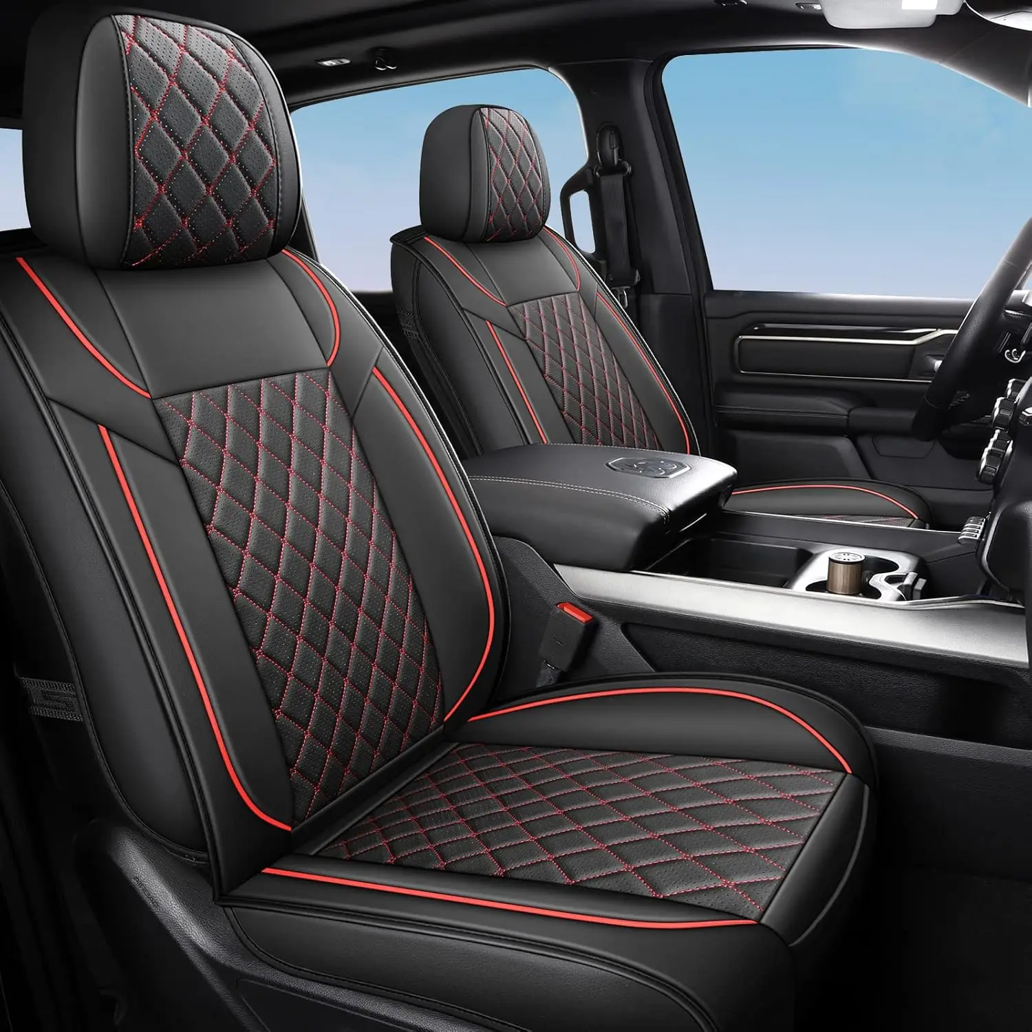 Leather Seat Covers for Dodge Ram 1500 Crew Cab (2019-2026), Black Red, Luxury and Fitting
