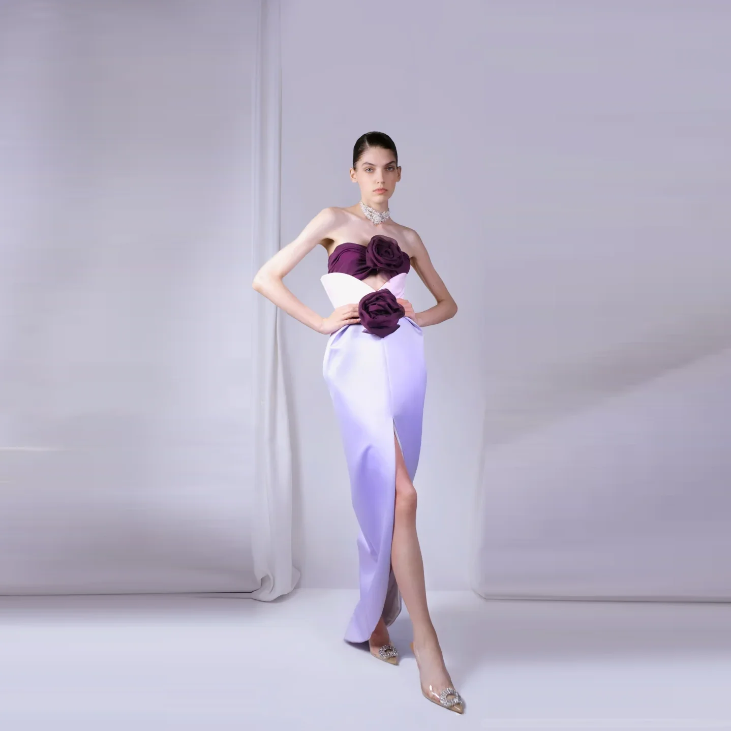 2 Pieces Purple Lilac Floral Formal Dress Sheath Off Shoulder Sexy Prom Gowns Split Strapless Long Maxi Dresses Draped Pleated