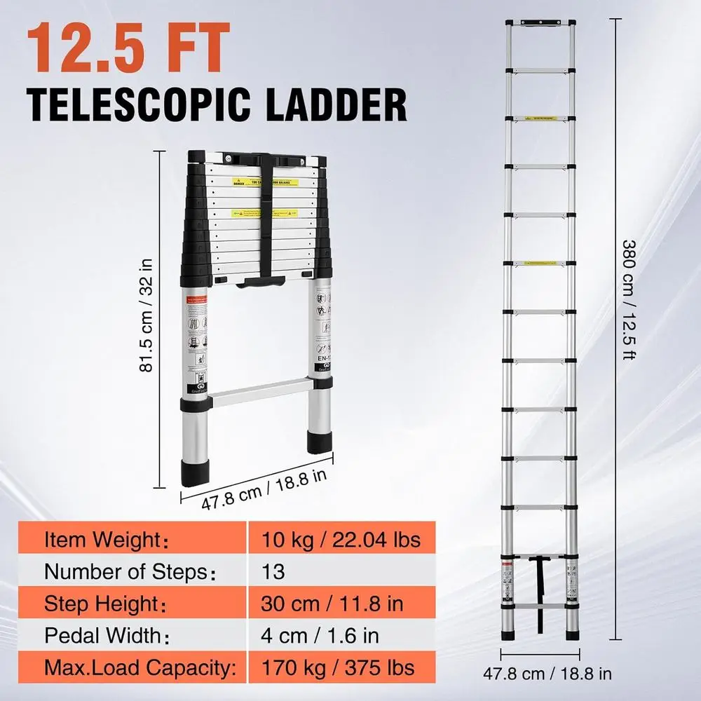 12.5 FT Aluminum Telescoping Ladder, One Button Retraction Extension Ladder, 375 lbs Load Capacity with Non-Slip Wide Feet, Comp