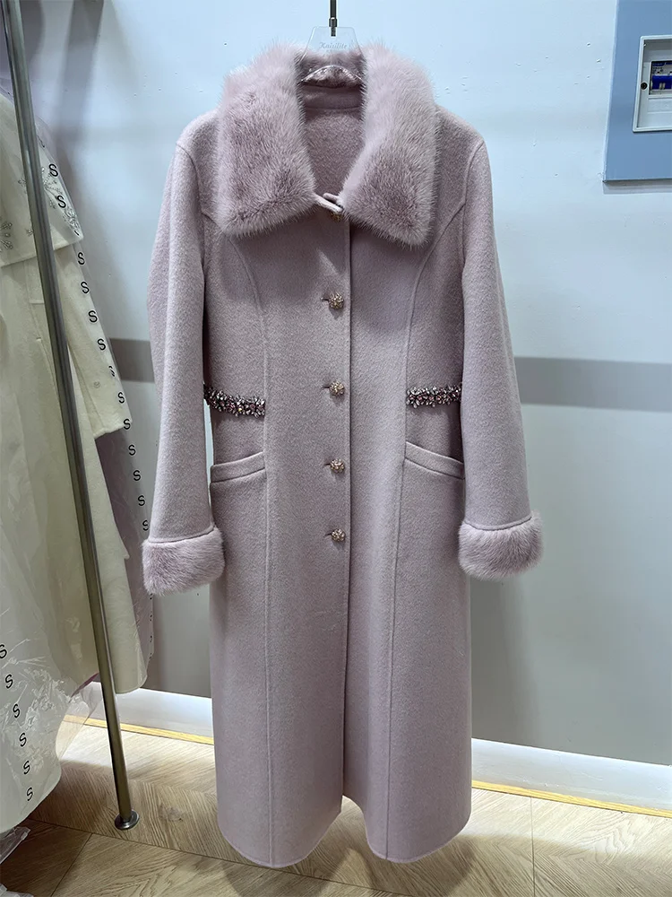 2025 Real Fur Coat Winter Jacket Women Natural Mink Fur Collar Cuffs Cashmere Wool Woolen Ladies Outerwear Streetwear