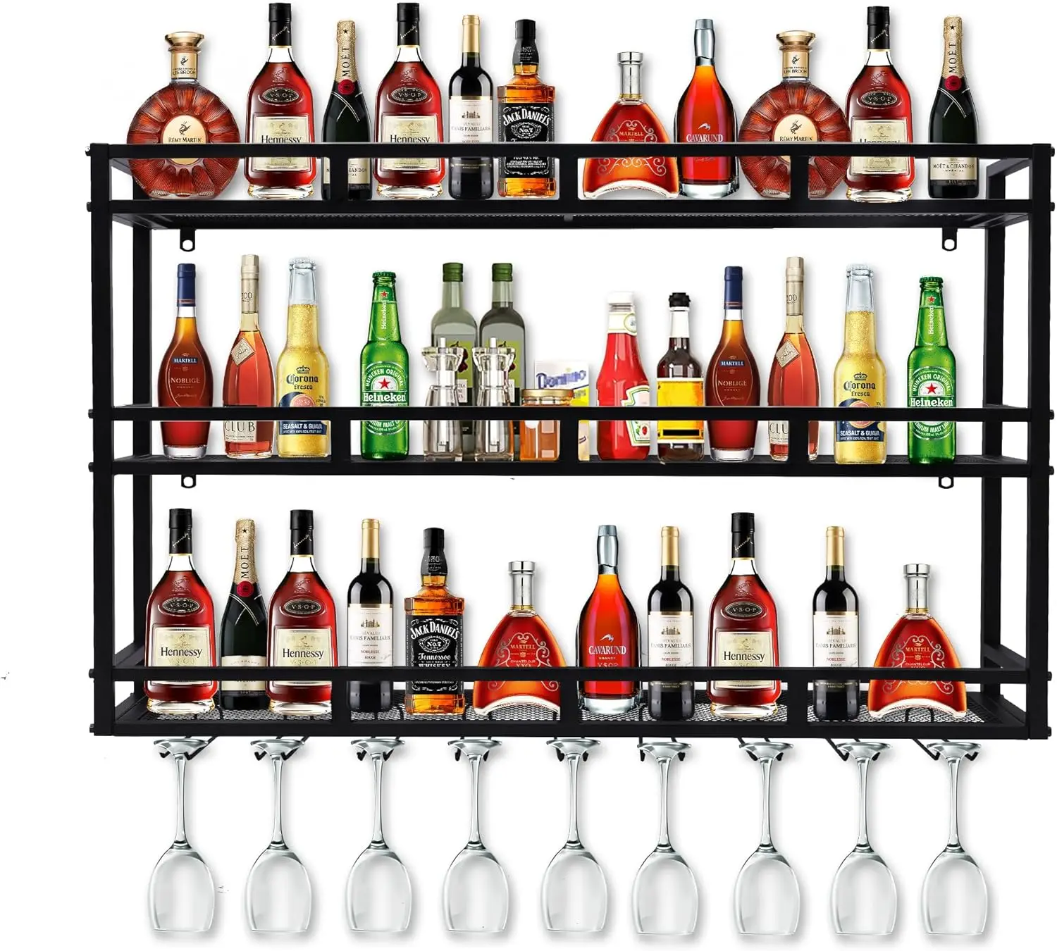 Metal Wine Rack Wall Mounted, Wall Bar Shelves For Liquor Bottles With Led Light, 3 Tier Large Capacity Liquor Rack Wall