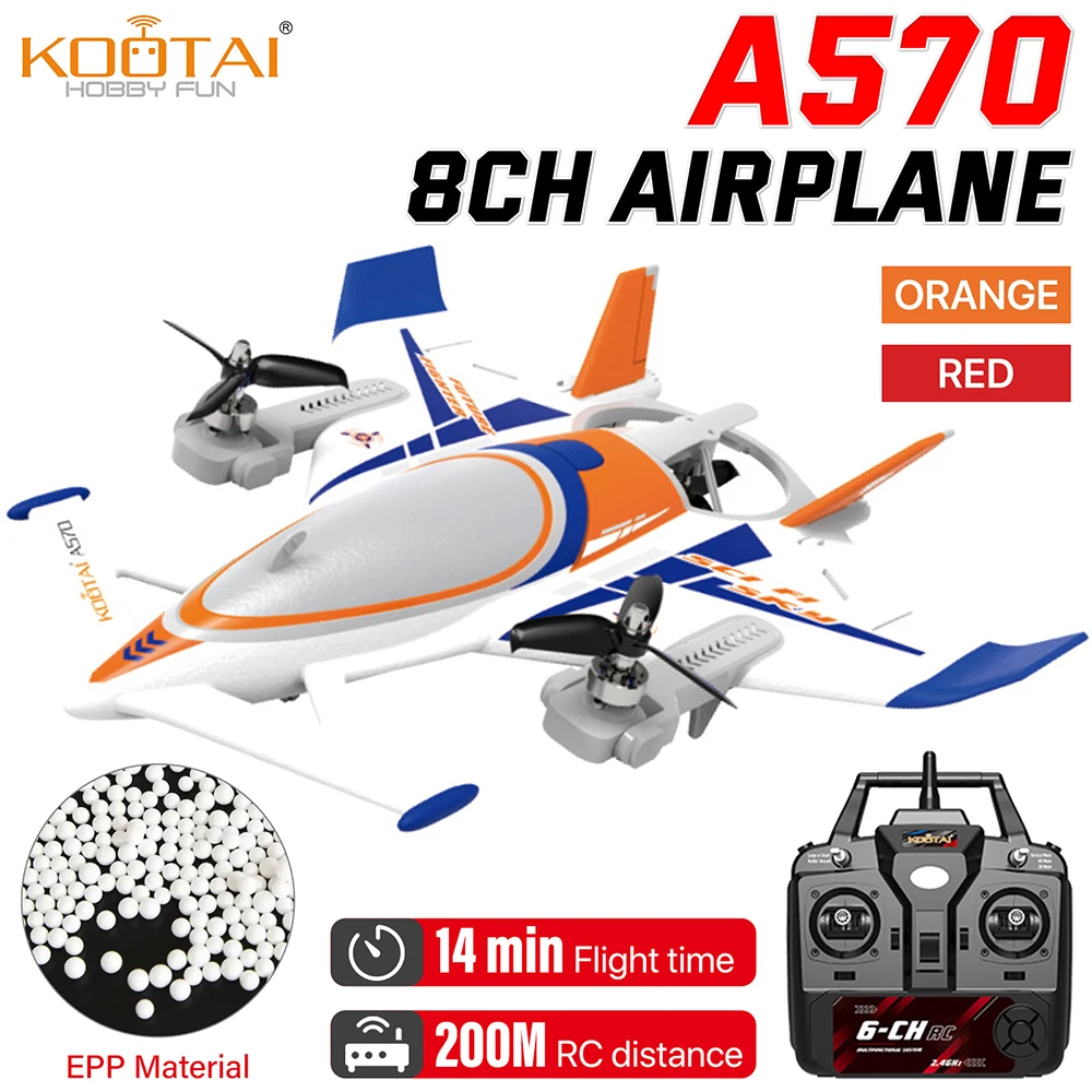 KOOTAI A570 RC Avião 8CH Planador Avião vetorial de 3 eixos 1000mAh EPP Giroscópio de 6 eixos sem escova Avião de pouso vertical para decolagem