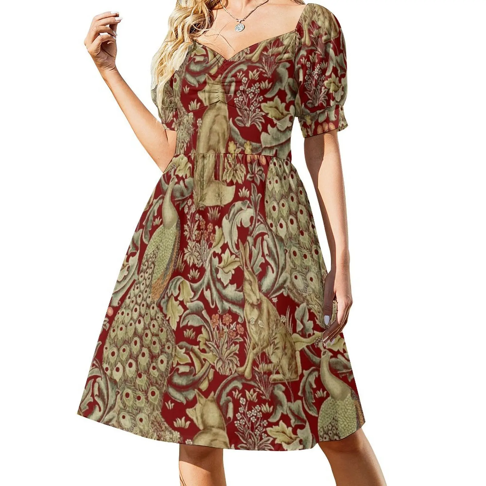 حيوانات الغابة الطاووس الثعلب والأرنب في أوراق حمراء بوهو شيك فستان أنيق أنيق على الشاطئ وحفلات الزفاف نمط الحيوان