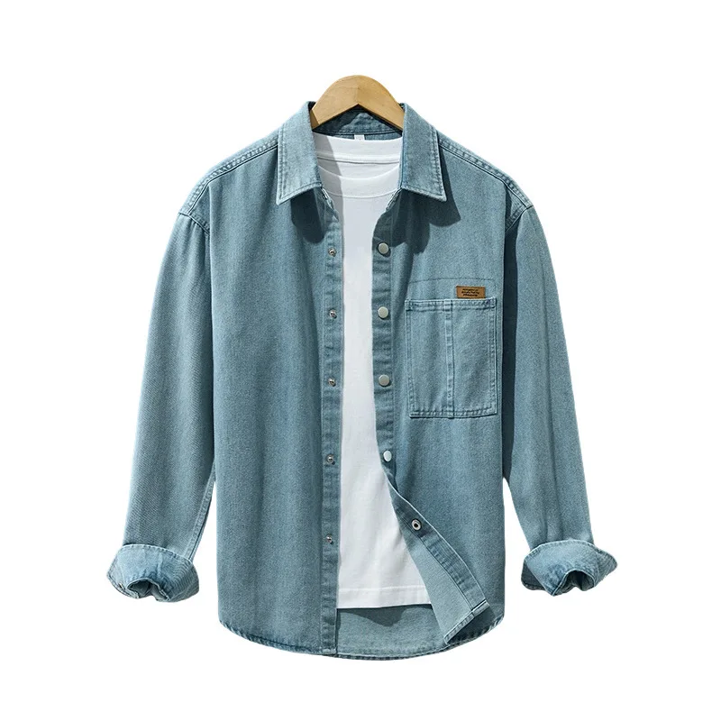 Korean Style Mens Long Sleeve Denim Shirt Jacket Spring Fall New Male Jean Shirts Casual Dropped Shoulder Cowboy Tops Vintage