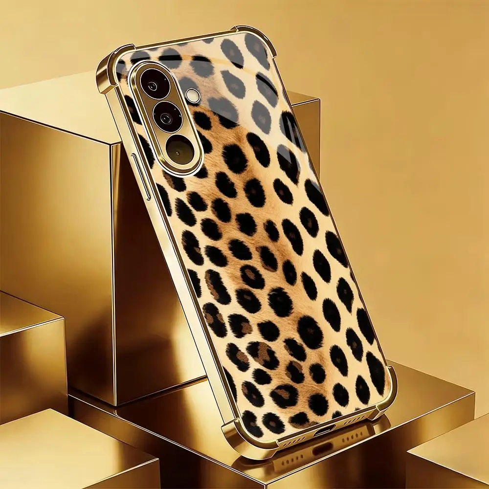 Gold leopard print pattern electroplated glass phone case suitable for Samsung Galaxy S26 S25 S24 S22 S21 S20 FE/Ultra/Plus