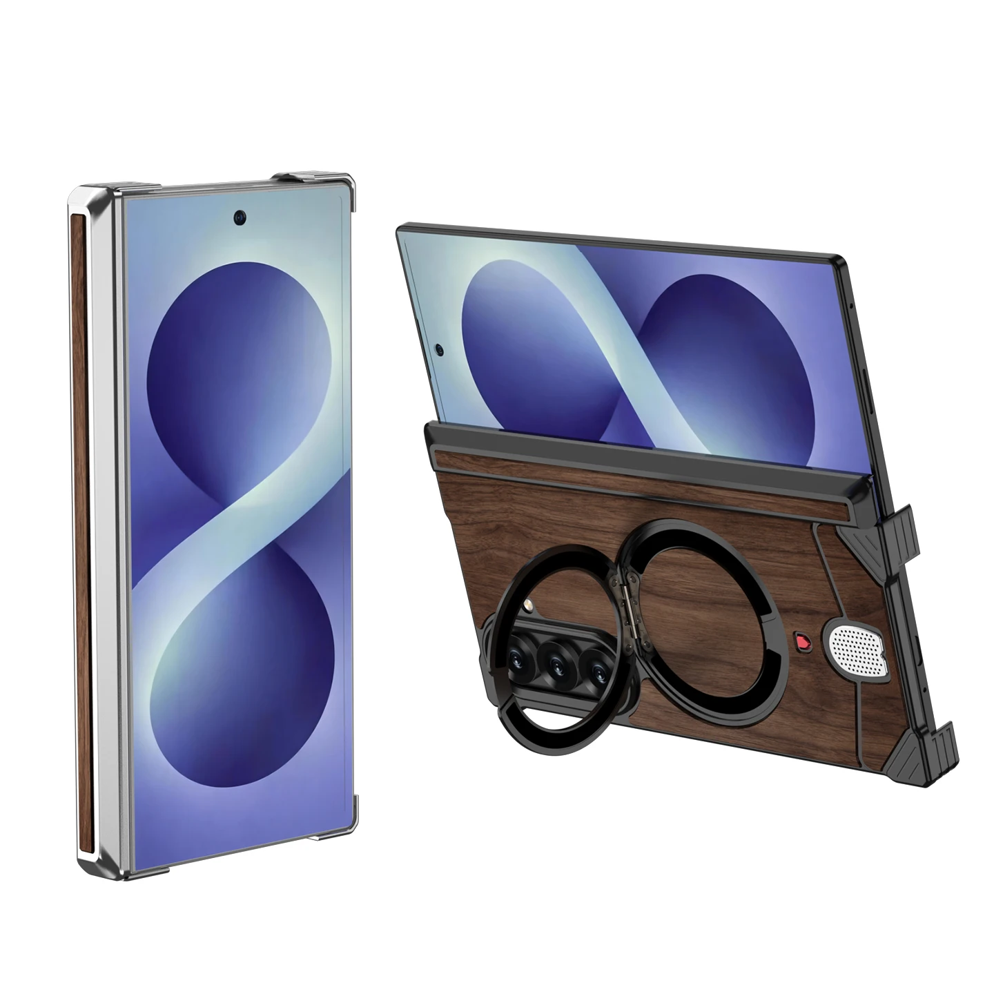 Eary Natural Wood Case for Samsung Galaxy Z Fold8 Ultra With Rotation Ring Stand Shockproof Protective Cover Solid Wooden Design