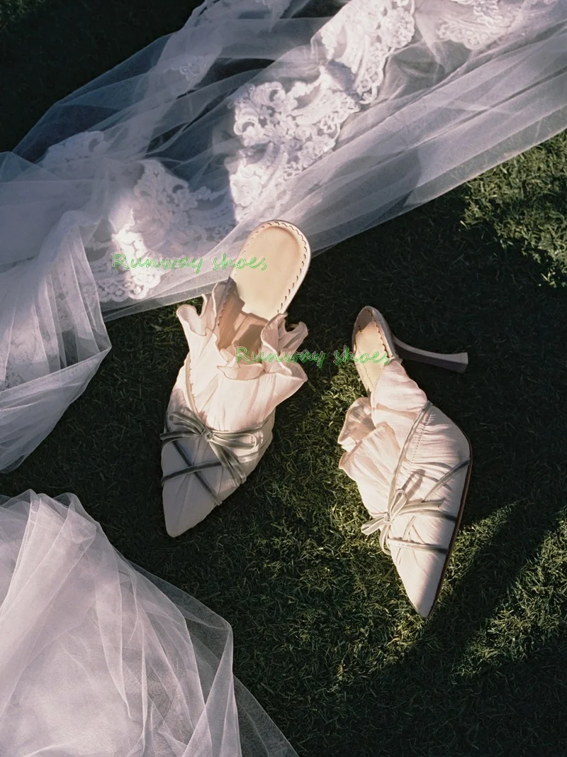 Pointed Ruffles Chiffon Mesh  Luxury Women's Shoes Velvet Bow Cross Straps Low Heels Bride Shoe Wedding Dress Party Sandals