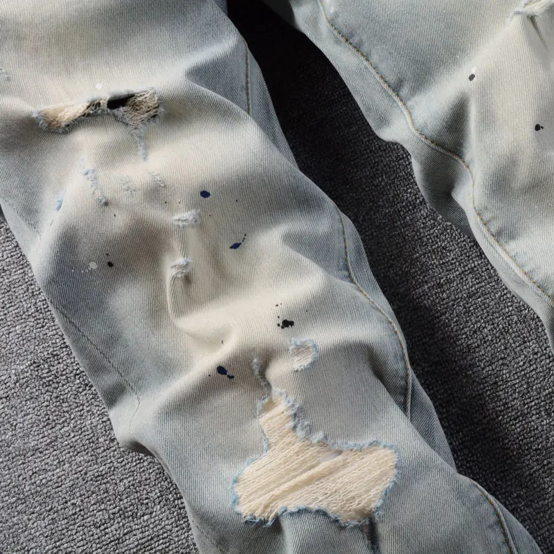 Streetwear Fashion Men Jeans Retro Washed Light Blue Stretch Slim Fit Painted Ripped Jeans Men Vintage Designer Denim Pants