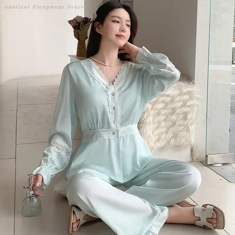 

Lace Satin 2PCS Pajama Set Sexy V-Neck Women's Home Clothes Sleepwear Loose Casual Pyjamas Spring Summer Long Sleeves Loungewear