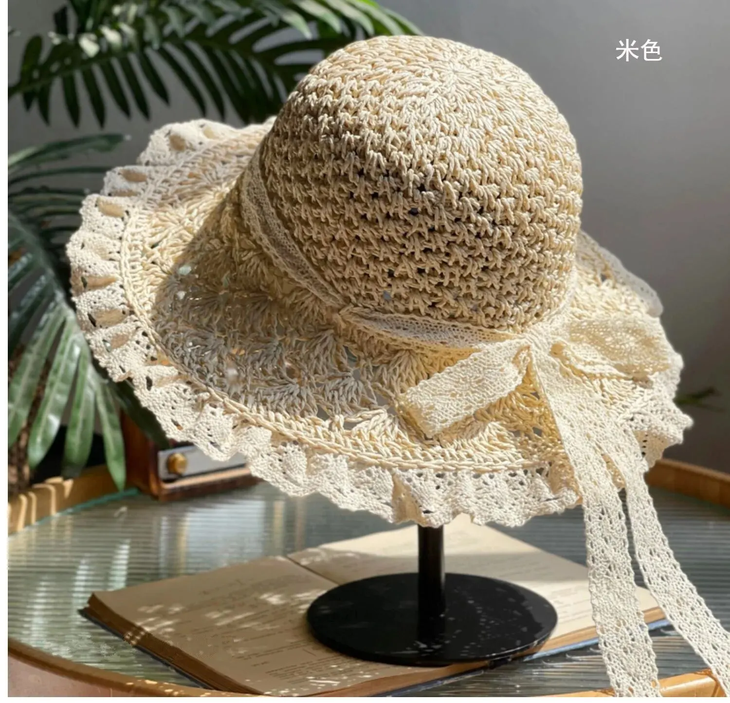 Summer Foldable Lace Edge Straw Hat for Women\'s Handwoven Cute Bow Sunshade Hat for Vacation Beach Hat