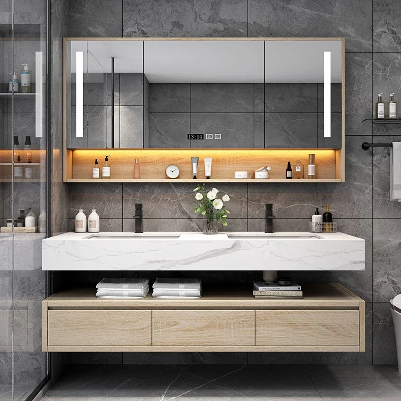 Light Luxury Bathroom Sink Cabinet Bathroom Artificial Rock Panel Smart Solid Wood  Cabinet Set  Double Basin