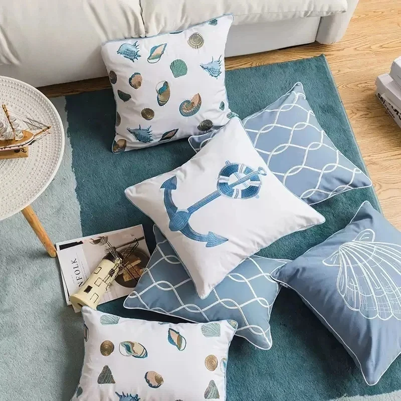 Mediterranean Sofa Embroidered Pillow Cover white Blue Navy style Geometric Back Cushion Cover 100% Cotton Pillowcase
