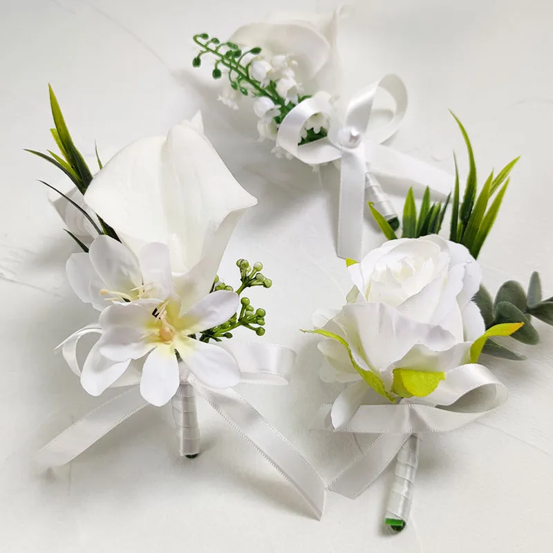 Alfileres de ramillete de boda para hombre, accesorios de flores artificiales, decoración de ojales, Callas blancas, lirio, rosas, invitados