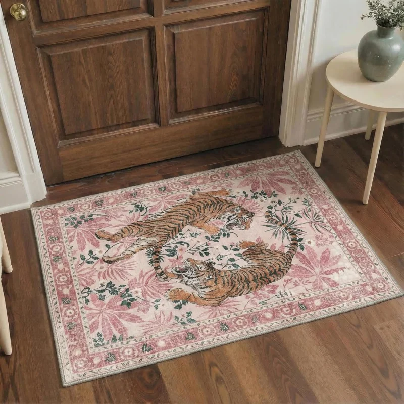 VIKAMA Paillasson vintage rose à motif floral de tigre, antidérapant, lavable, pour entrée, décoration de maison de style ferme