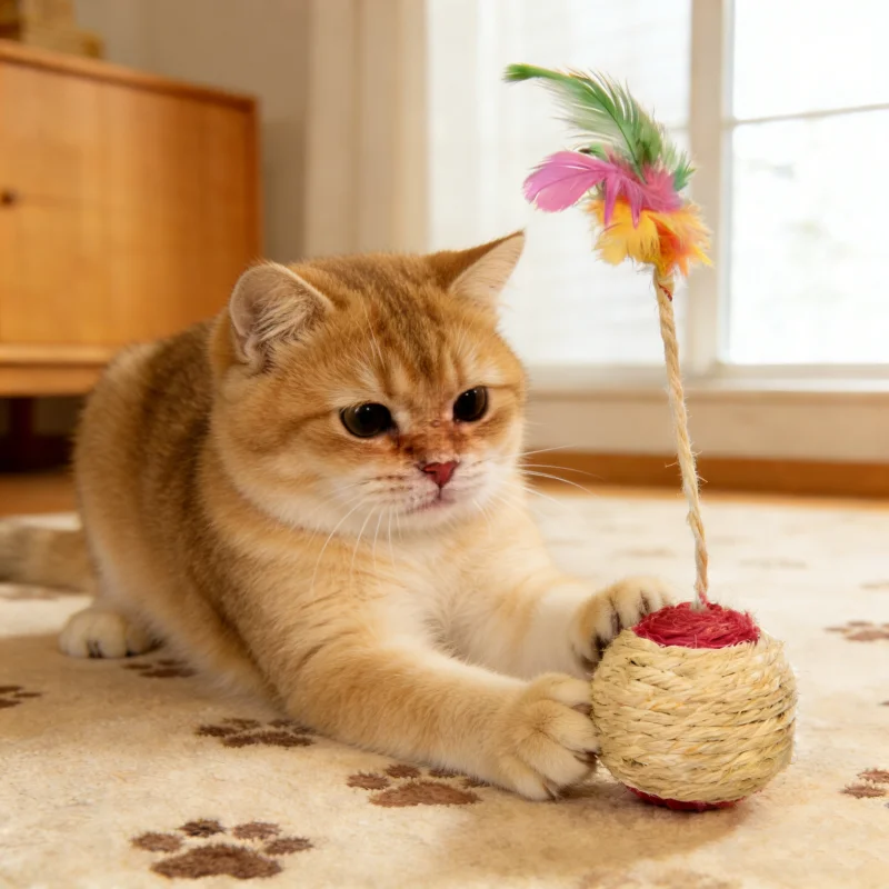 1 Stück Bunter Feder-Deckenball Interaktives Katzenspielzeug mit Sisal - Spaßiger Krallen-Spielball für Katzen – Detail 3