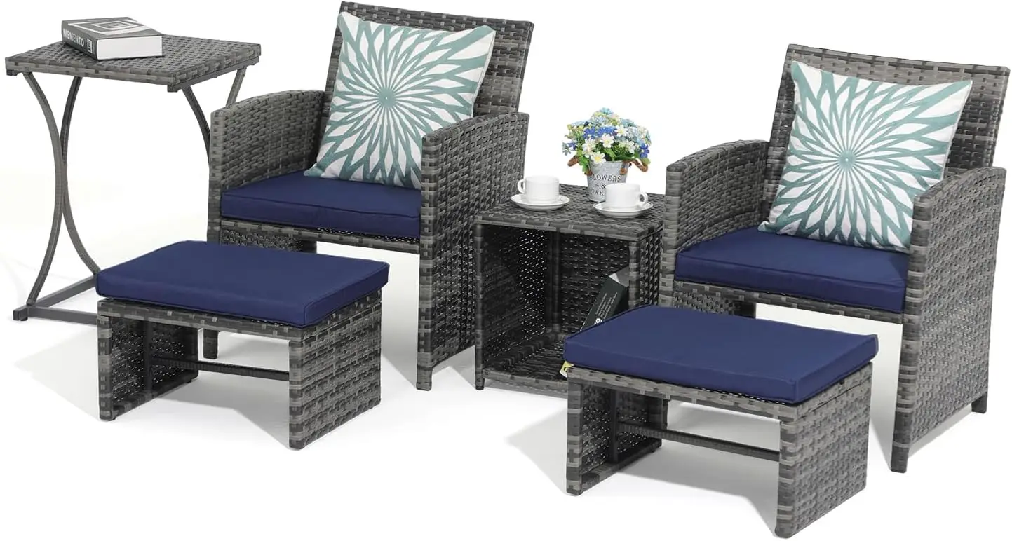 6 Piece Patio Furniture Conversation Set with Ottoman, Outdoor Grey Wicker Chair and Table Set, Balcony Furniture for Apartments