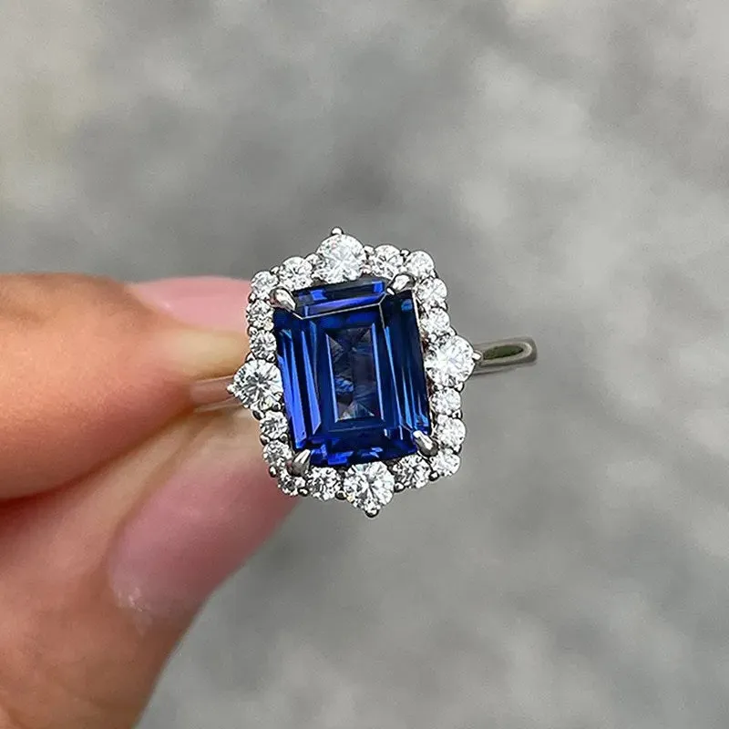 

Кольцо с синим цирконом, имитирующим изумрудную огранку, для мужчин и женщин, роскошные женские украшения, модный аксессуар с инкрустацией.