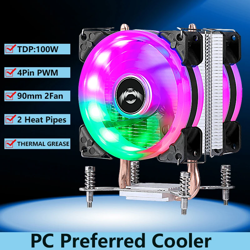 

QIUzAim PC Air-cooled Radiator CPU Cooling 2 Fan Mute Efficient Cooler 90mm 2 Heat Pipe Installing LGA2066 2011 2099 x79 x99 E5