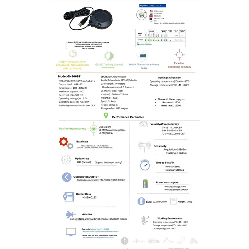 Imagem -02 - Módulo de Antena Receptor Agrícola Usb Gps Gnss Suporte Android Bluetooth Gnss Tamanho Pequeno Preto Gm906bt l1 l5 pc