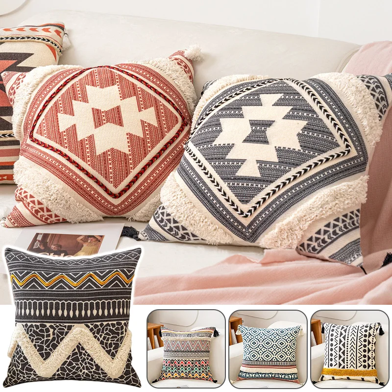 Bohemia Embroidery Cushion Cover Brown Boho Ethnic Style Geometric Floral Pillow Cover With Tassels 45x45cm Home Decor