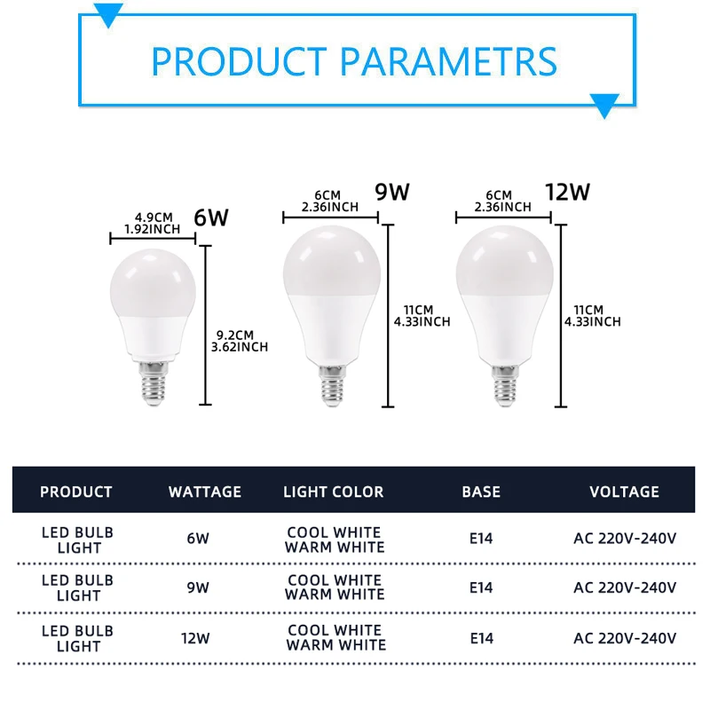 6Pcs E14 LED Lamp 6W 9W 12W AC 220V-240V LED Bulb Cold White / Warm White LED Lights indoor light For Living Room Use