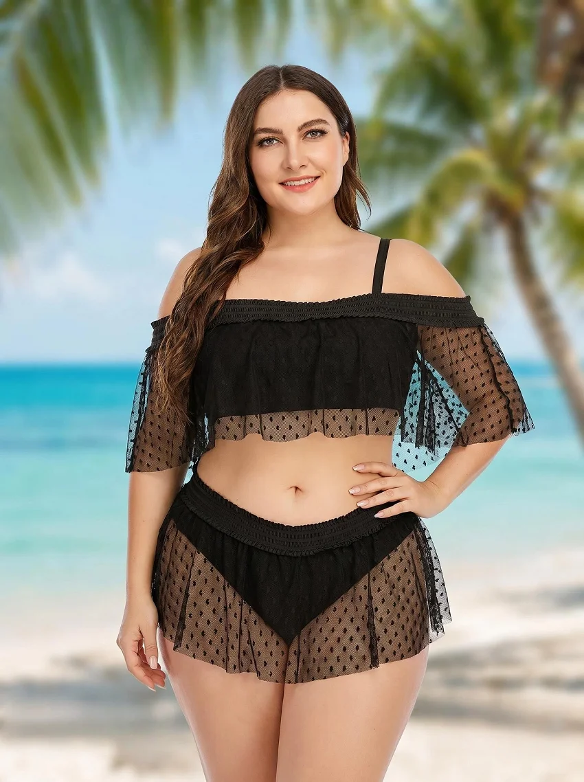 Plus Size Two Piece Swimsuit Women Off Shoulder Tummy Control High Waist Mesh Polka Dot Bikini Set Sexy Bathing Suit 2026