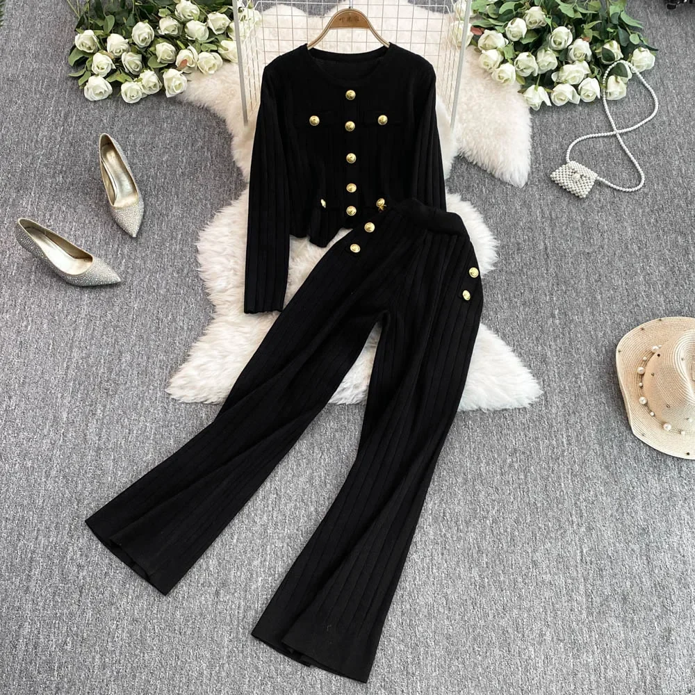 Chic Women Two-Piece Sets Basics O-neck Metal Round Buckle Top and High Waist Wide Leg Pants French High Street Autumn Clothing