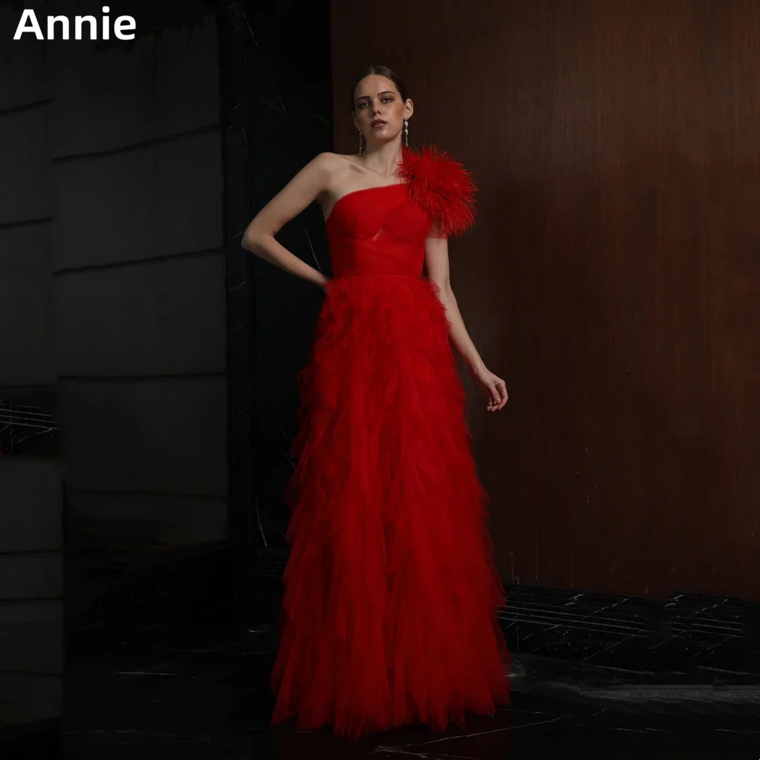 Annie Red Wedding Dress Luxury Feather Elegant Prom Dresses Handmade Tulle One Shoulder Cocktail Dresses Vestidos DeFiesta