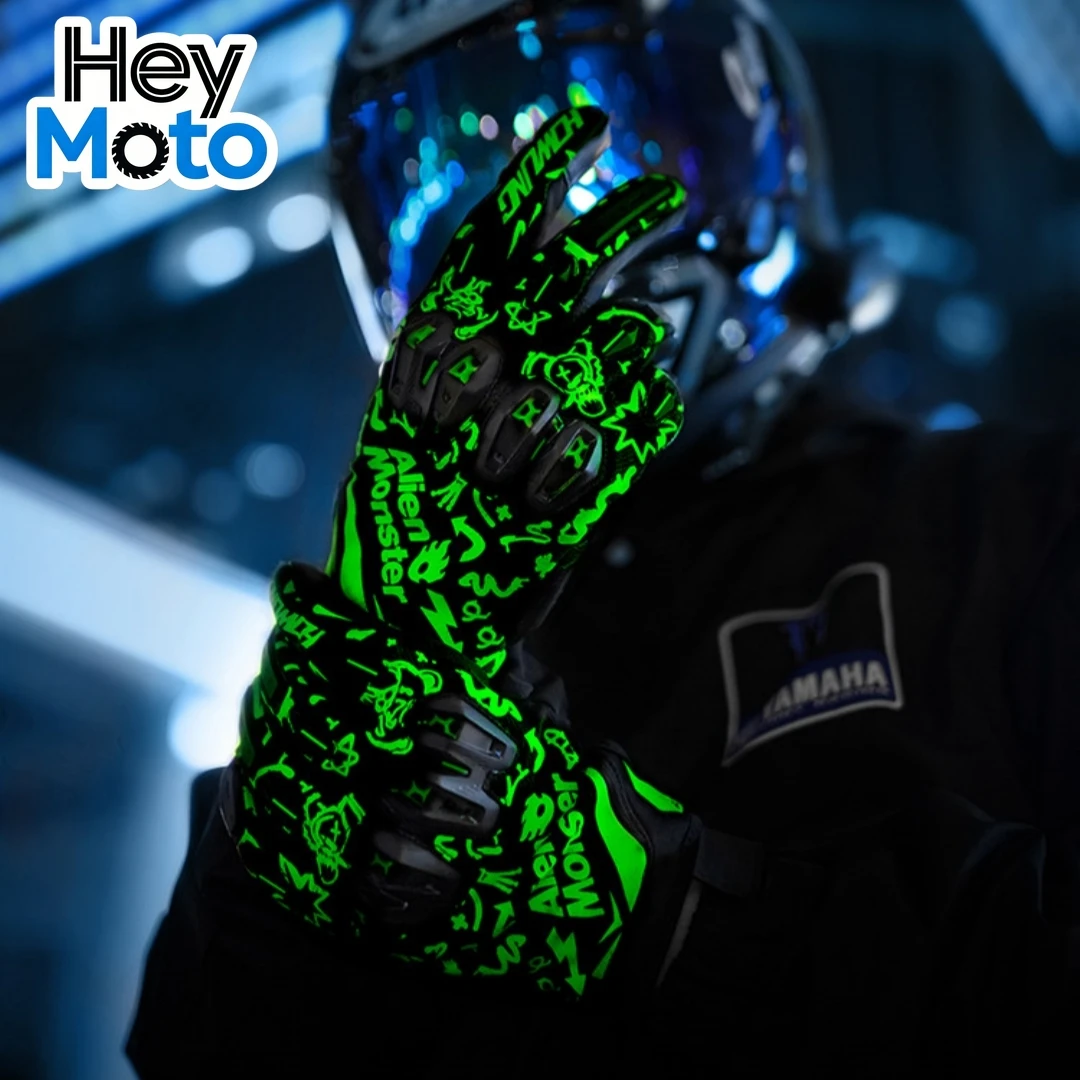 

Motorcycle Riding Gloves Glow-in-the-dark Night Colorful Reflectiv Genuine Leather Anti-drop Breathable Biker Motorcycle Gear