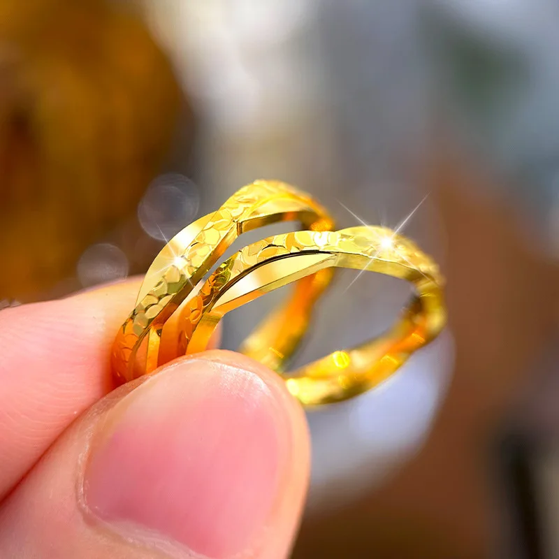 Lightened Comfort Carved Crushed Ice Double Wave Ring For Women 24K Gold AU999 cut excess weight pressure on finger surface
