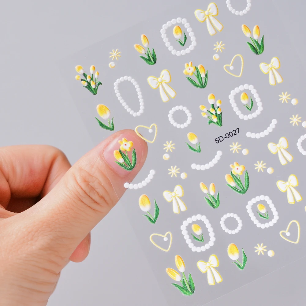 5D Embossed Daisy Flower Nail Stickers Summer White Lily/Daisy/Tulip Gel Polish Sticker Nail Art Decals Wedding Engraved Sliders