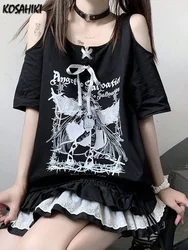 女性の裸の肩のTシャツ,原宿の漫画のプリント,カワイイTシャツ,グランジフェアリーTシャツ,ゴシックグラフィックTシャツ,y2k